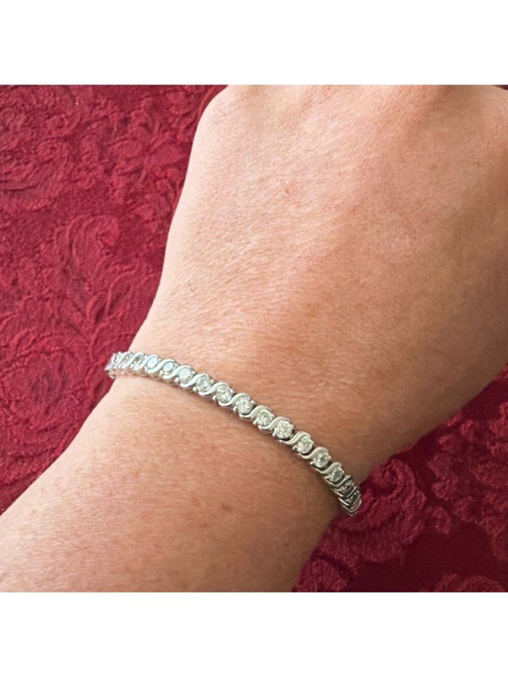 Vintage 925 Sterling Silver Clear Quartz Round Cut S-Link Tennis Bracelet 7.5"